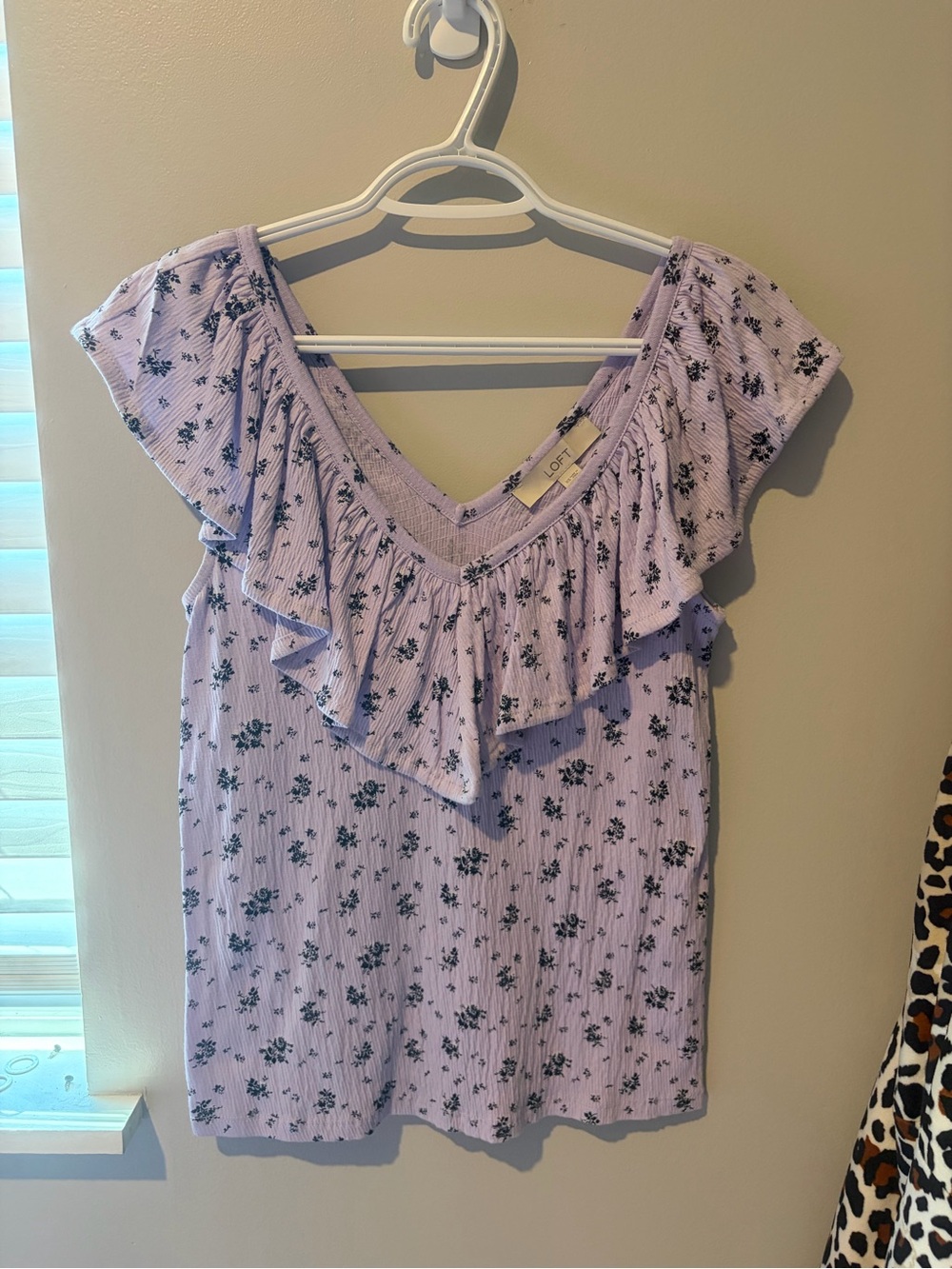 LOFT Lilac Floral Ruffle V-Neck Blouse